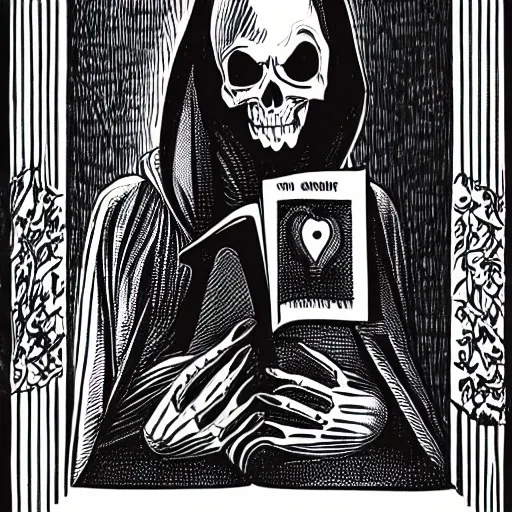 Prompt: Hooded figure with skeleton face reading a book, gothic