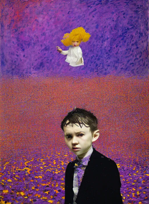 Image similar to portrait of a child violinist in suit standing in a landscape of poppies and purple stars in the sky, vincent lefevre and hernan bas and pat steir and hilma af klint, symmetrical face, psychological, photorealistic, dripping paint, washy brush, rendered in octane, altermodern, masterpiece