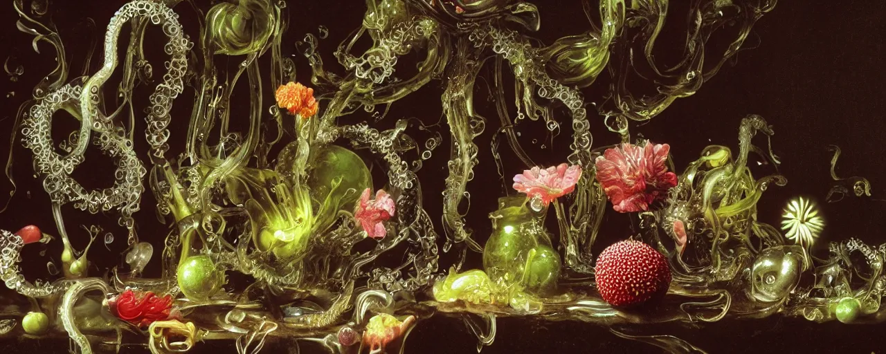 Image similar to ultradetailed photorealistic still life with jelly flowers by ernst haeckel, caravaggio, roger dean and andrei tarkovsky, slime and tentacles, wide angle, minimalistic cinematic composition, octane render, bokeh, unreal engine, 4k 3d render