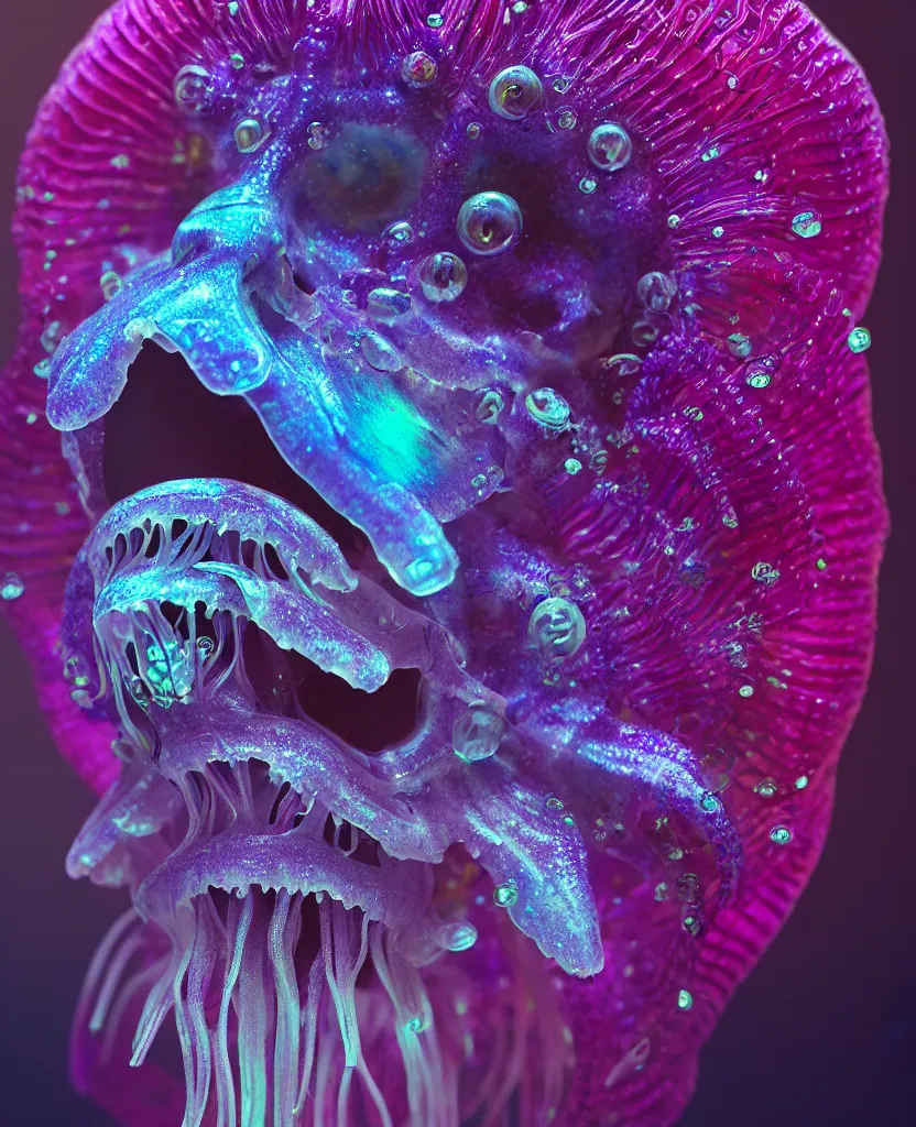 Image similar to close-up portrait. dichroic orchid jellyfish skull, betta fish, bioluminiscent creatures, intricate artwork by Tooth Wu and wlop and beeple. octane render, trending on artstation, greg rutkowski very coherent symmetrical artwork. cinematic, hyper realism, high detail, octane render, 8k