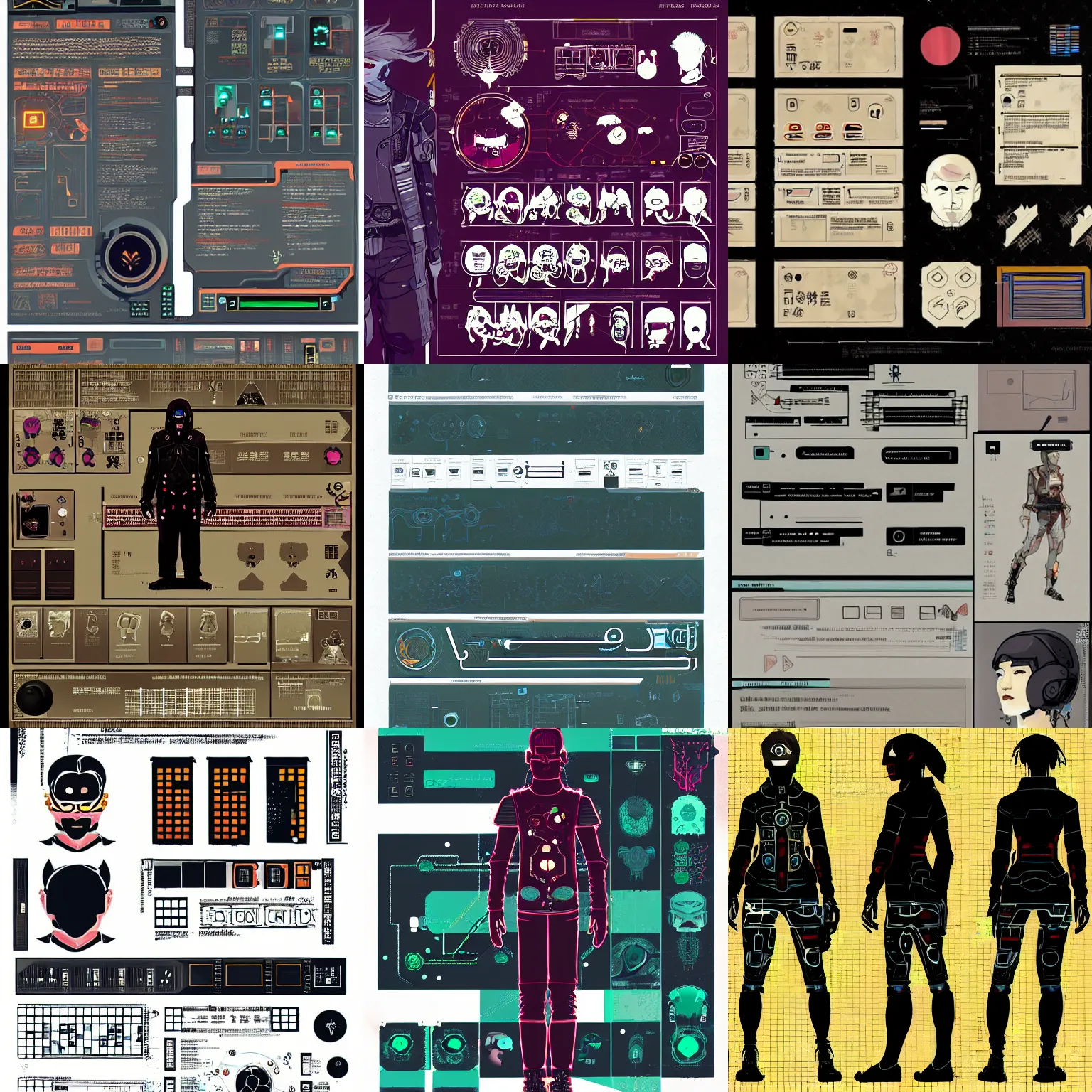 Prompt: ui designer ， icon design ， the game icon ， cyberpunk ， character reference sheet ， by victo ngai