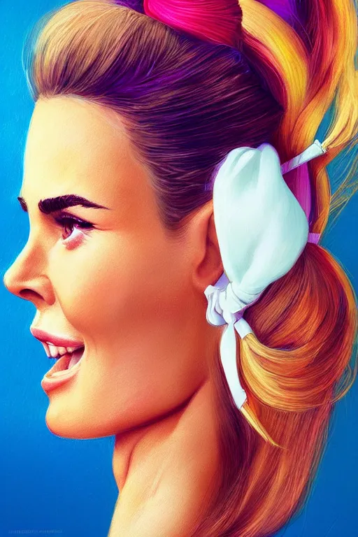 Image similar to portrait of a mix of beautiful young maria shriver, mariel hemmingway, brooke shields, nicole kidman and elle macpherson as an exercise gym girl, thin lips, hair tied up in a pony tail, colorful artstation, cgsociety