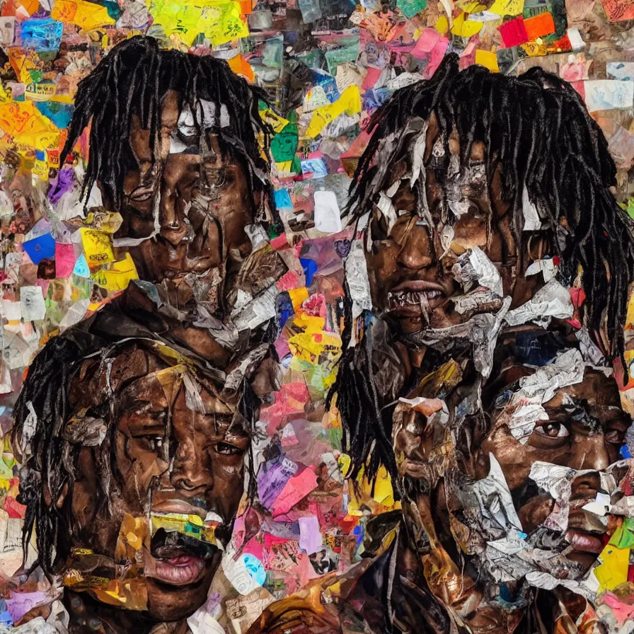 Image similar to rendered in blender travis scott with a trash bag on his head, collage paper and tape, acrylic on canvas, hyperrealism mixed with expressionism, high resolution, cinematic, unreal 6, breathtaking detailed, by blake neubert