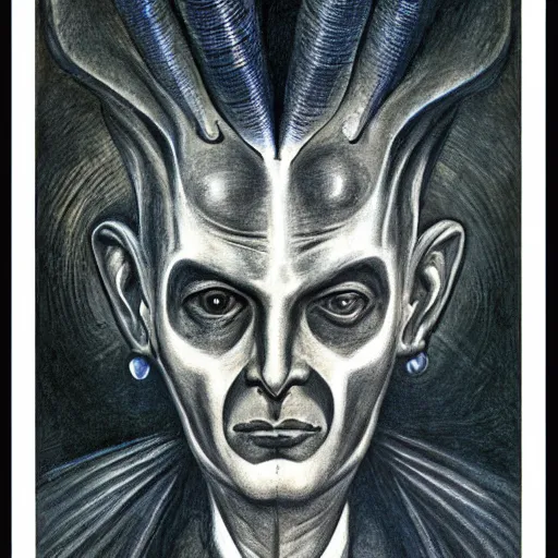 Prompt: Close-up of the cenobite man, pencil drawing. El Greco, Remedios Varo, Salvador Dali, Carl Gustav Carus, John Atkinson Grimshaw. Blue tint. Symetrical, logo, geometric shapes.