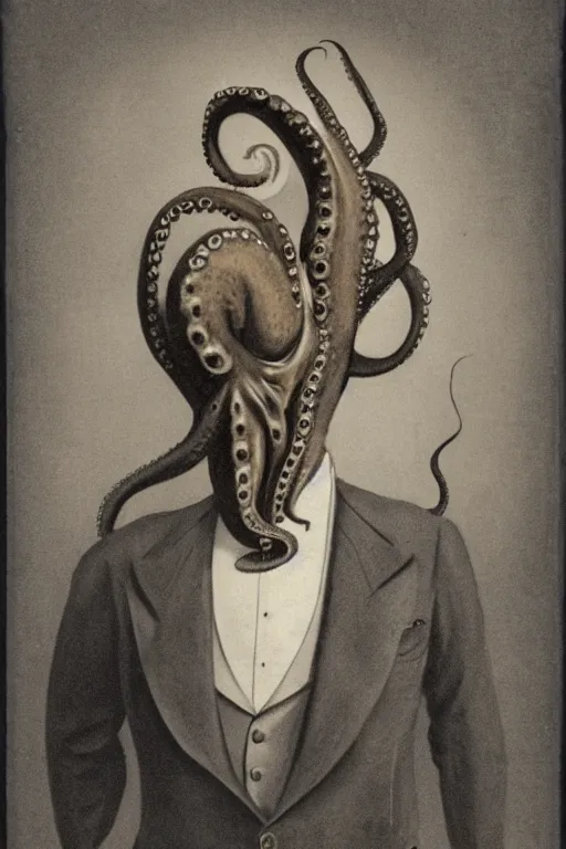 Prompt: vintage full body portrait of an octopus headed man in a suit, sepia