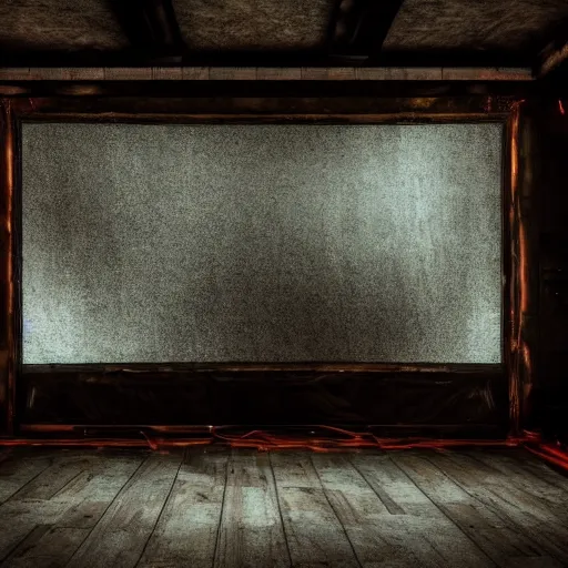 Prompt: old torn down cinema room with flickering screen in the middle, dark fantasy, western, gritty, cinematic, stylish, vintage, ultra realistic.