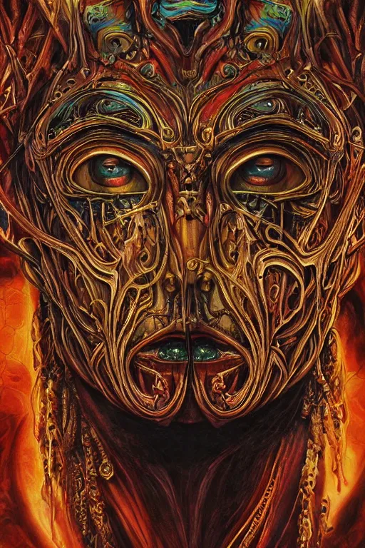 Image similar to Elden Ring and psychedelic themed painting of majestic chromatic biomechanical anatomical human demon Anubis pharaoh ceremonial bloodstained mask closeup face, golden ratio concept, Neo-Gothic concept, infinity hieroglyph waves, intricate artwork masterpiece, very coherent artwork, cinematic, full frontal facial features by Artgerm, art by H.R. Giger, Joseph Michael Linsner, Alex Grey, Johnatan Wayshak, Moebius, Ayami Kojima, very anatomically coherent artwork, trending on cgsociety, ultra high quality model, production quality cinema model, high detail chromatic ink outline, octane render, unreal engine 8k, hyper realism, high detail, octane render, unreal engine, 8k, High contrast