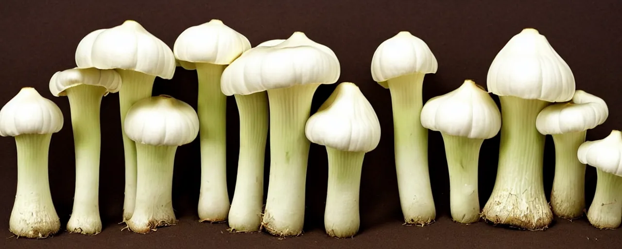 Prompt: king trumpet mushrooms, large thick cylindrical stem, small, flattened cap, ivory white stems, smooth caps are grey to brown and have rounded, curved edges, the stem and cap are joined by off - white thin short gills