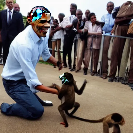 Image similar to Obama petting a cute monkey. Photo.