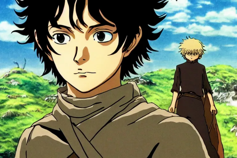 Image similar to frodo in the anime lord of the rings by studio ghibli, movie still frame, very detailed, artwork by hayao miyazaki, kentaro miura, satoshi kon, high quality, sharp image, high resolution, hd, 7 2 0 p, 4 k