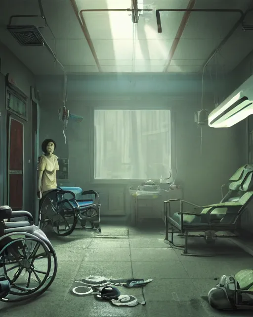 Prompt: artstation scifi scene of a shabby chinese ward, a bouquet of light on the ground business card, ceiling fan, wheelchair, crutches, beds, dust, paneled walls, unreal engine 5, hyper realism, realistic shading, cinematic composition, blender render, octane render, hdr, detailed textures, photorealistic, wide shot