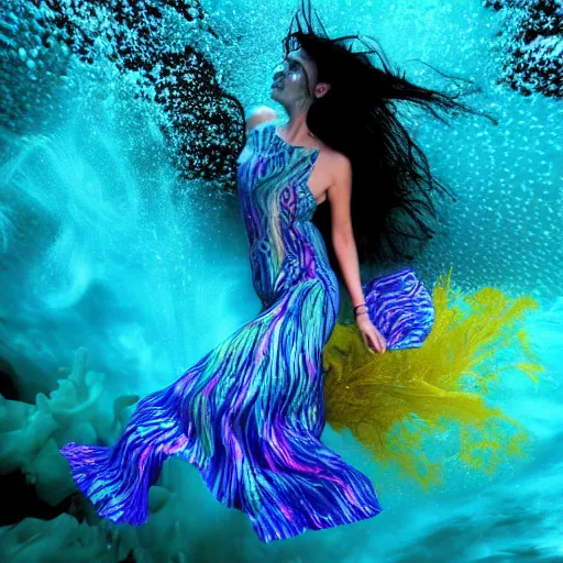 Image similar to woman dancing underwater wearing a flowing dress made of blue, magenta, and yellow seaweed, delicate coral sea bottom, swirling silver fish, swirling smoke shapes, cycles render, caustics lighting from above, cinematic, hyperdetailed