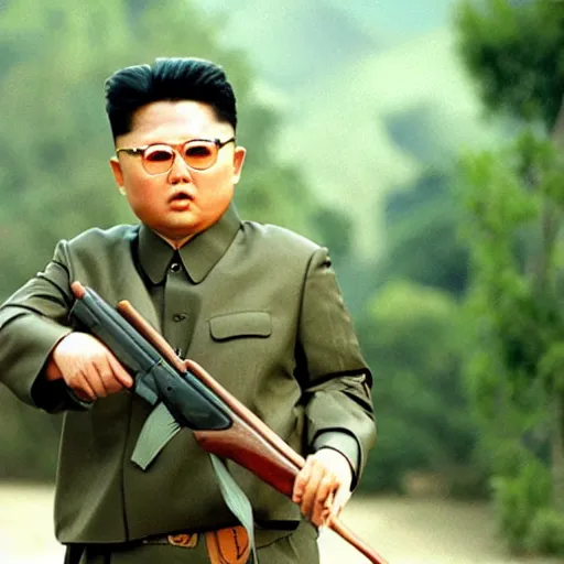 Prompt: Kim Jong-il in the role of Rambo, 35mm filmstill, cinemascope