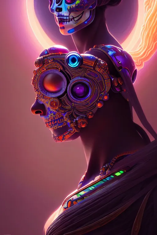 Image similar to ultra detailed female android deity, scifi, fantasy, octane render, unreal engine, dia de los muertos, asymmetrical intricate concept art, triadic color, art by artgerm and greg rutkowski and alphonse mucha, 8 k, artstation, cgstation, behance