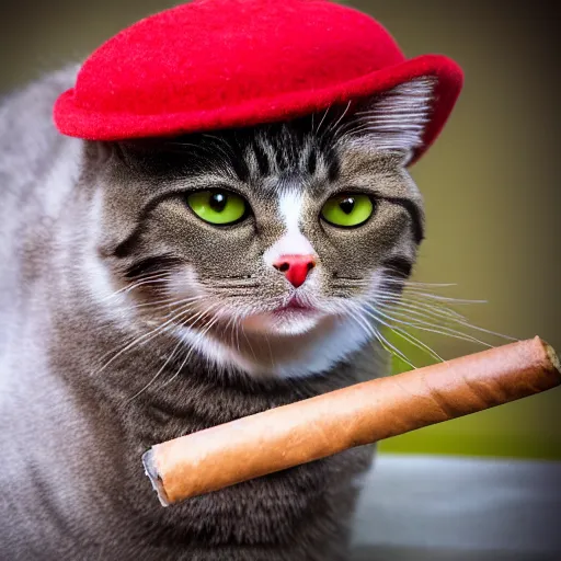 Image similar to cat with red eyes and a hat while holding a gun and smoking a cigar