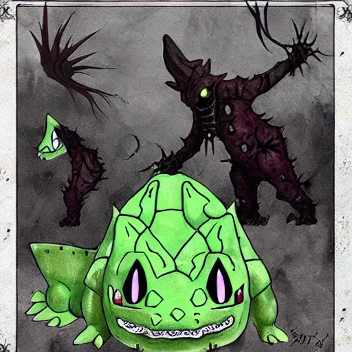 Prompt: Bulbasaur in style of Bloodborne. Concept art, cosmic horror.