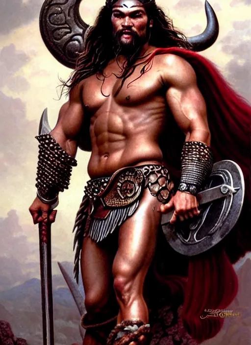 Image similar to beautiful portrait oil painting, jason momoa conan the barbarian thor standing on a rocky hill, wearing a warrior king crown and royal crimson fantasy ornate spartan dragon scale armor, wet skin and hair, muscular!!!, battle action pose, frank frazetta, boris vallejo, greg rutkowski, beautiful cinematic light, low angle, greg rutkowski, high contrast