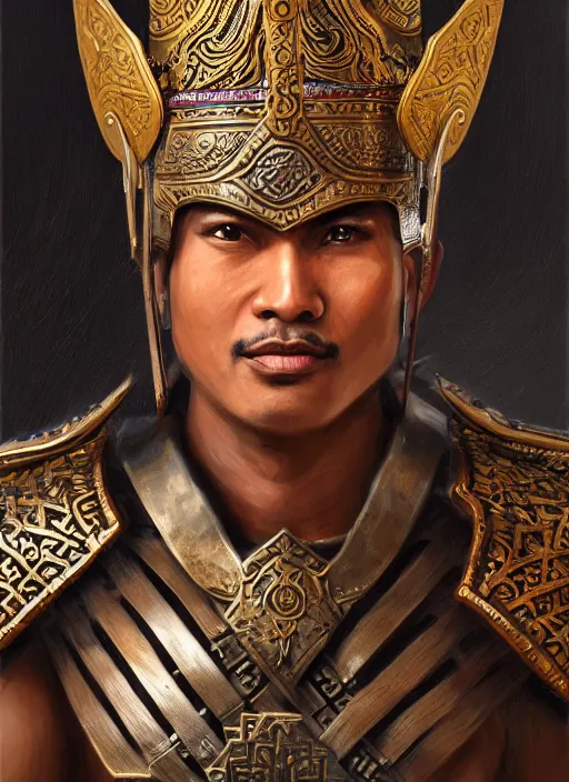 Prompt: smart tai warlord of lanna, closeup portrait, without beard and mustache, historical hero, ethnic group, tai costume, thai transitional bronze headdress, intricate, with leather armor cross on bare chest, elegant, loin cloth, highly detailed, oil painting, artstation, concept art, matte, sharp focus, illustration, hearthstone, art by earl norem