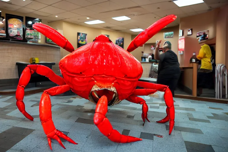 Image similar to cosplayer dressed like a crab, in 2 0 1 8, at an arbys, crabcore, royalcore, low - light photograph, photography by tyler mitchell