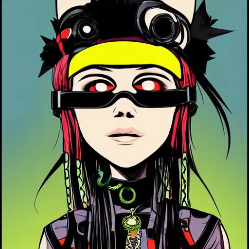 Image similar to cybergoth girl wearing goggles and eccentric jewelry by jamie hewlett, jamie hewlett art - h 7 6 8