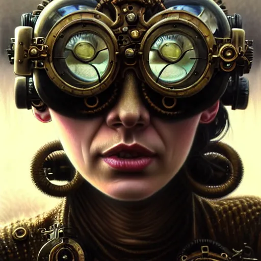 Prompt: closeup portrait shot of a glitched woman wearing steampunk goggles in a scenic dystopian environment, intricate, elegant, highly detailed, centered, digital painting, artstation, concept art, smooth, sharp focus, illustration, artgerm, tomasz alen kopera, peter mohrbacher, donato giancola, joseph christian leyendecker, wlop, boris vallejo