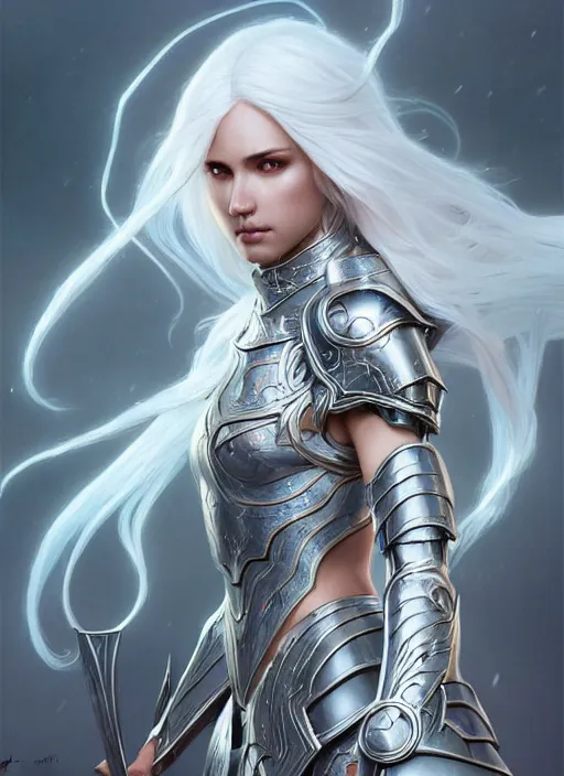 Image similar to light opal armor!!! long wild white hair!! covered chest!!! fantasy, d & d, intricate ornate details, symmetry, concept art, sharp focus, illustration, art by artgerm! greg rutkowski magali villeneuve wlop! ilya kuvshinov!!, octane render, unreal engine 5, highly rendered!!