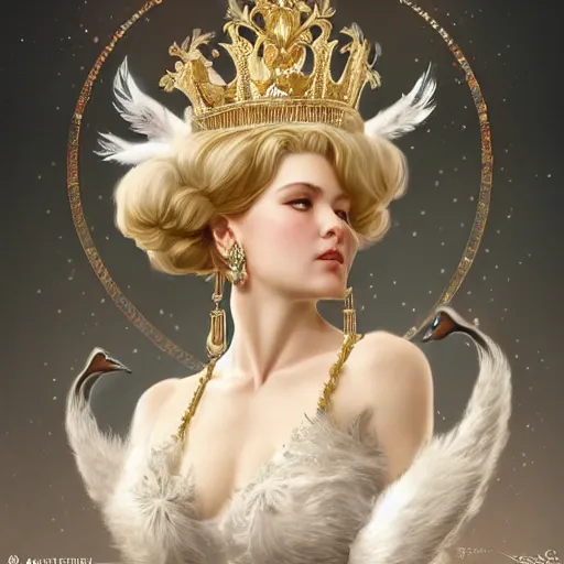 Image similar to a realistic queen with a decorated dress made of white pearls and white plumes of swan, highly detailed, digital painting, Trending on artstation , HD quality, by artgerm and greg rutkowski and alphonse mucha, dramatic light, octane