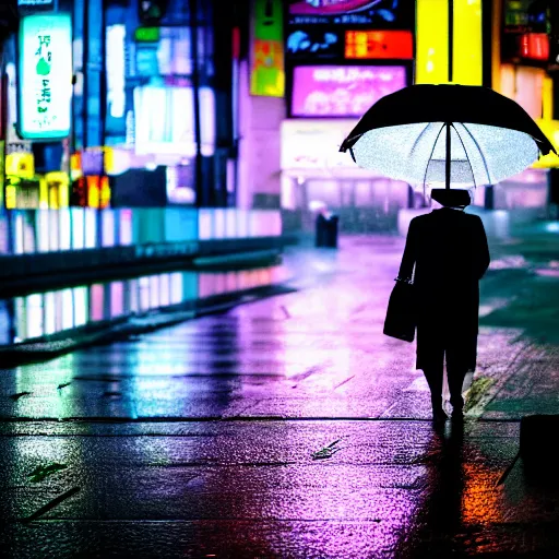 Prompt: moody 2 0 0 mm shot of an umbrella in a rainy tokyo night, neon lights,