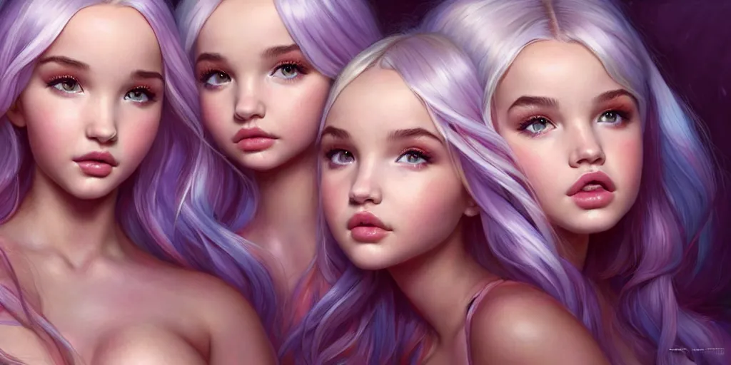 Prompt: dove cameron and madison beer and bella poarch are three beautiful college girls in a bed rolling on ecstasy covered in sweat and dilated pupils, highly detailed, digital painting, artstation, concept art, matte, sharp focus, illustration, art by artgerm and ross tran and thomas kincade