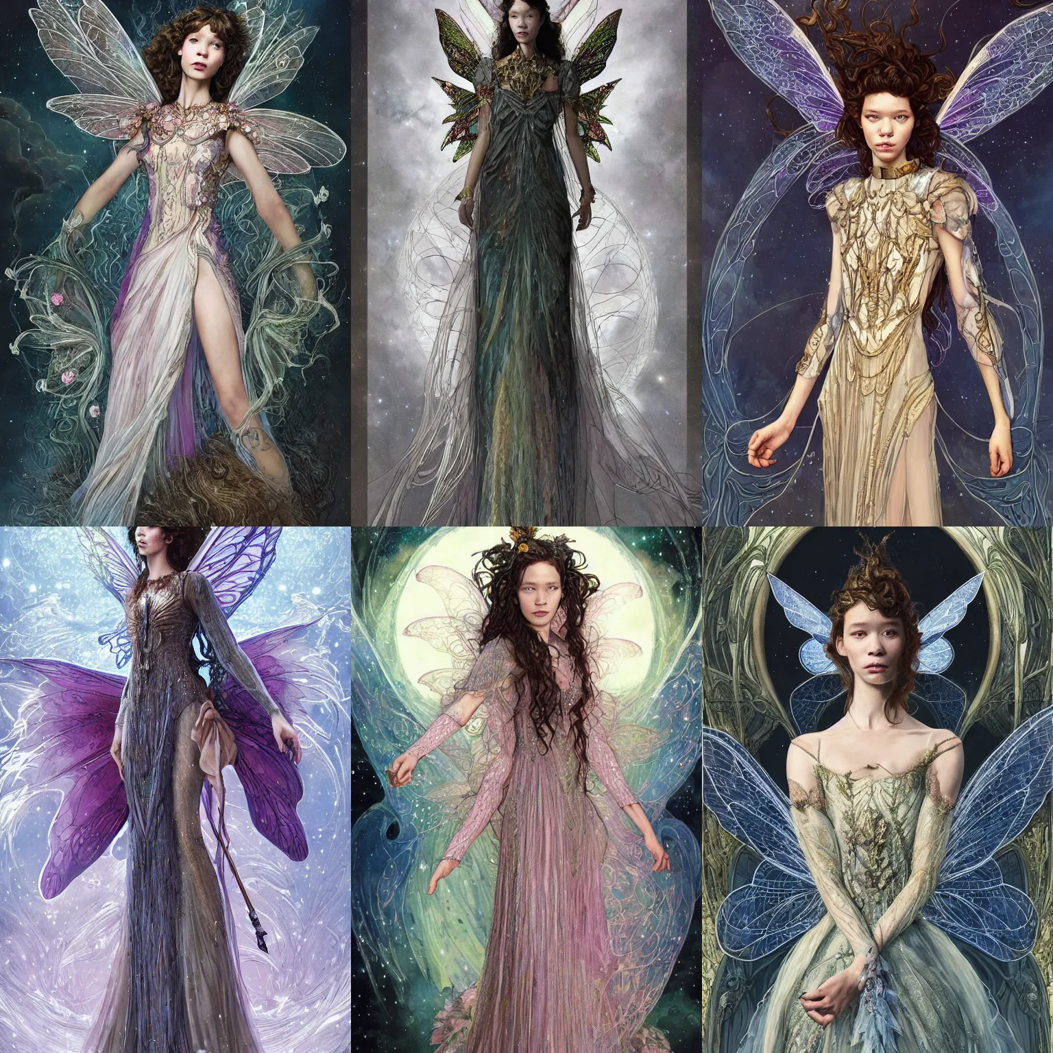 Prompt: masterwork portrait of astrid berges frisbey as a fairy. wearing a dress made out of space. by moebius, stylised illustration, by ayami kojima, amano, greg hildebrandt, and mark brooks, feminine, female, art nouveau, neo - gothic, gothic, character concept design, dynamic light, behance hd artstation