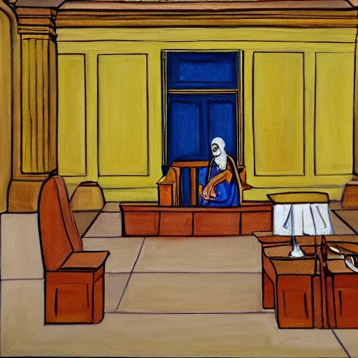 Image similar to a court painting of a banana sitting in court. s-150