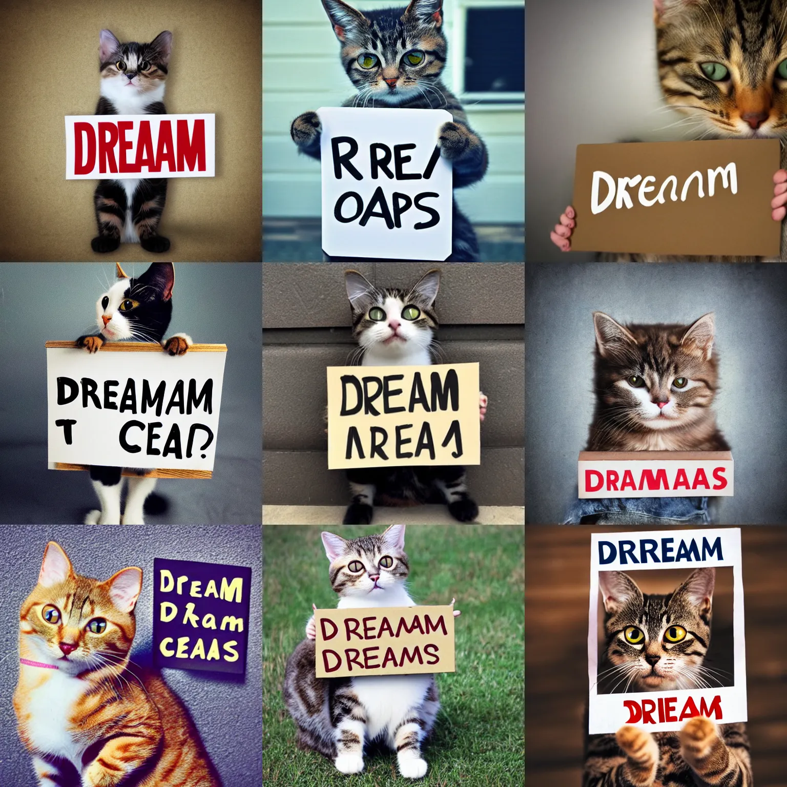 Image similar to realistic high quality photo of a cute cat holding a sign with text that reads : dream cats