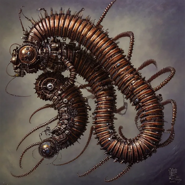 Image similar to steampunk robot millipede, 3 d model, unreal engine realistic render, 8 k, micro detail, intricate, elegant, highly detailed, centered, digital painting, artstation, smooth, sharp focus, illustration, artgerm, tomasz alen kopera, peter mohrbacher, donato giancola, joseph christian leyendecker, wlop, boris vallejo