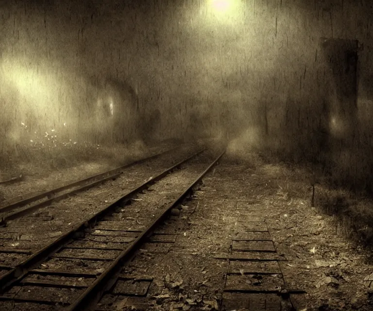 Image similar to creepy ghost train, high res, photorealistic, dark atmosphere, dark fantasy, gloomy tracks, bright lights, forestry