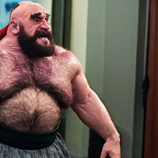 Image similar to movie still of Danny DeVito starring as zangief in the 2026 live action street fighter movie