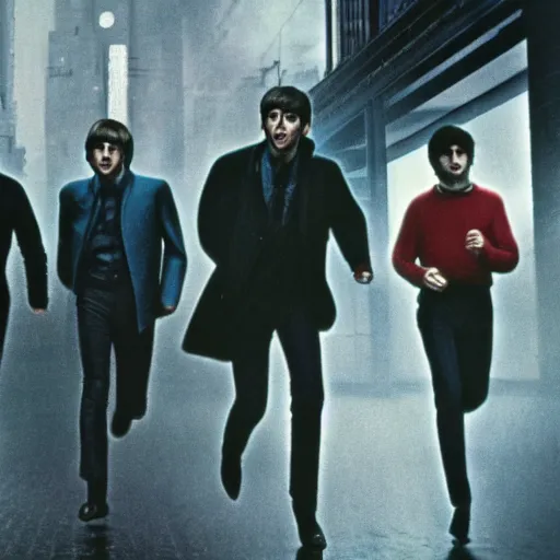 Image similar to the beatles on the run, blade runner film styling, 8 k higly detailed cinematic lighting, moma museum