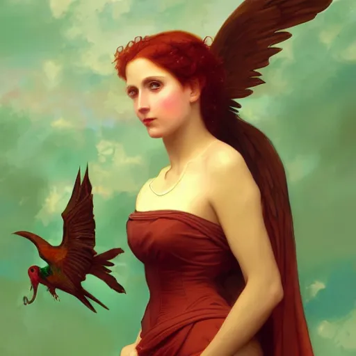 Image similar to a beautiful stunning fantasy whimsical matte digital portrait illustration of a pretty womam with bright green eyes and fiery red hair with a green bird on her shoulder, in the style of William Adolphe-Bouguereau and Marc Simonetti, magic the gathering, trending on artstation, contest winner