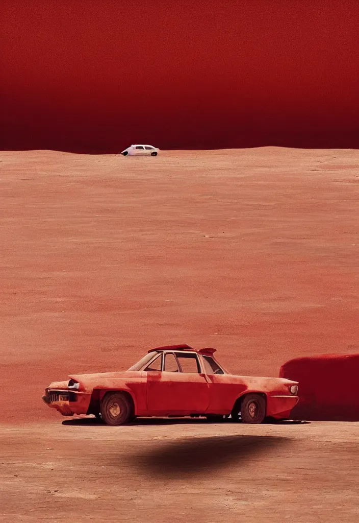 Image similar to “a red car is parked in the middle of the desert, a matte painting by Scarlett Hooft Graafland, featured on unsplash, australian tonalism, anamorphic lens flare, cinematic lighting, rendered in unreal engine”