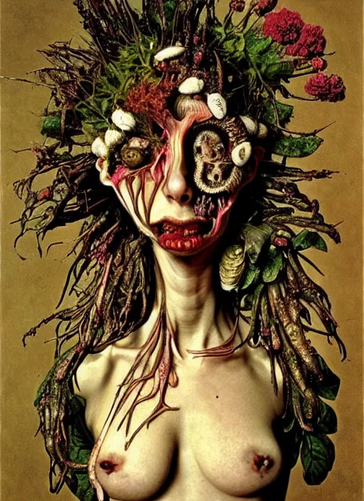 Prompt: beautiful and detailed rotten woman made of plants and many different types of flowers, muscles, intricate, organs, ornate, surreal, miguel angel, gustave courbet, caravaggio, romero ressendi, gunther von hagens