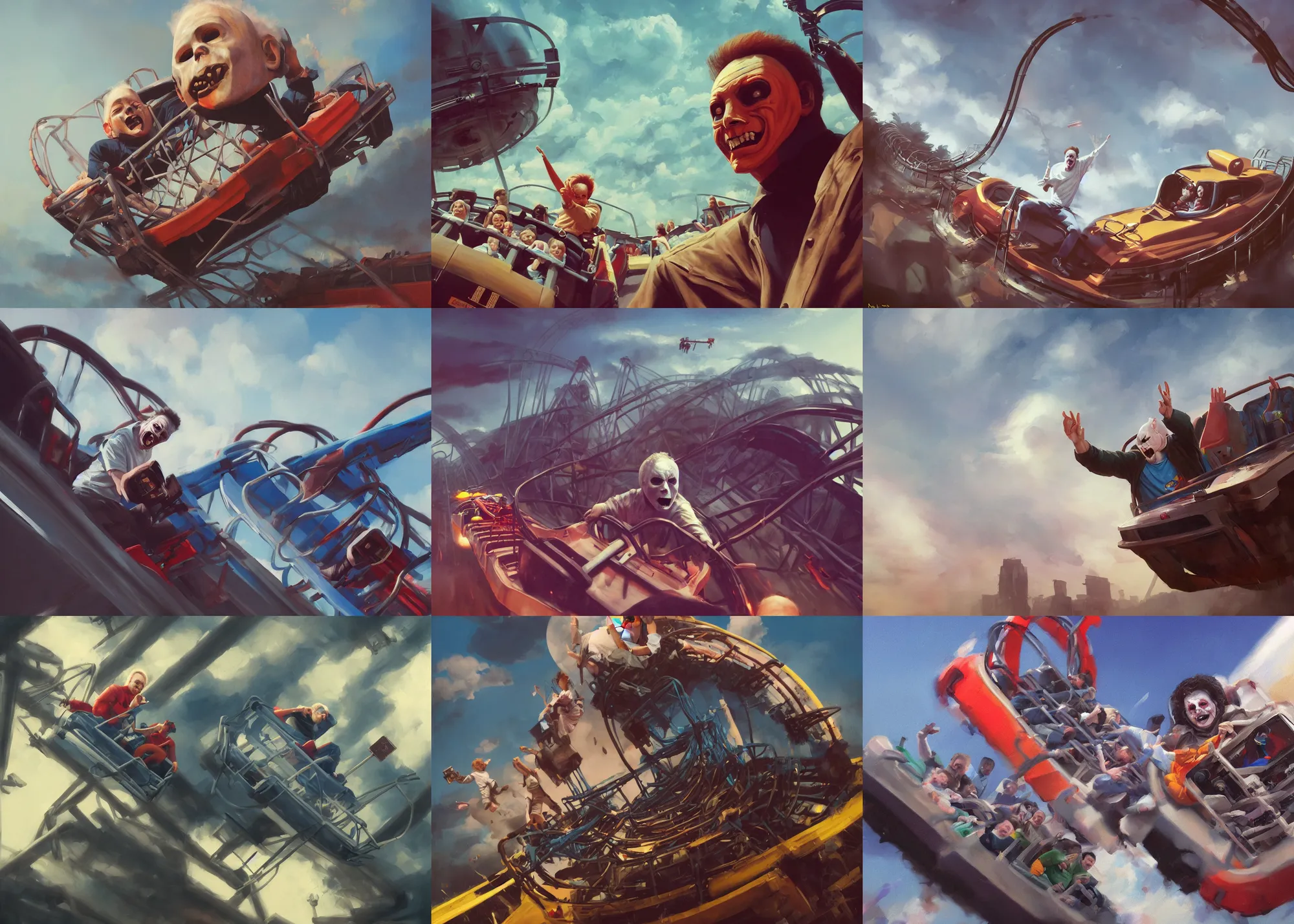 Image similar to portrait painting of Michael Myers having fun in a roller coaster, beautiful sky, sunny, happy, sharp focus, wide shot, trending on ArtStation, masterpiece, by Greg Rutkowski, by Ross Tran, by Fenghua Zhong, octane, soft render, oil on canvas, colorful, cinematic, environmental concept art