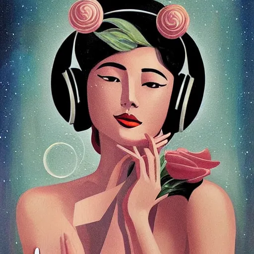 Image similar to intricate, amazing, art deco, retro vintage and romanticism, painting by natelle quek, soft color palette, highly detailed, godess with headphones from space sci - fi of ancient religion