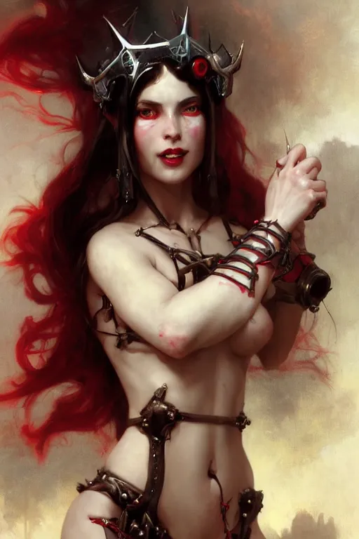 Image similar to Portrait of beautiful pale laughing cyborg succubus maiden in bikini armor with crown of thorns and glowing red eyes, steampunc, Warhammer 40000, digital art from artstation by Ruan Jia and Mandy Jurgens and Artgerm and william-adolphe bouguereau