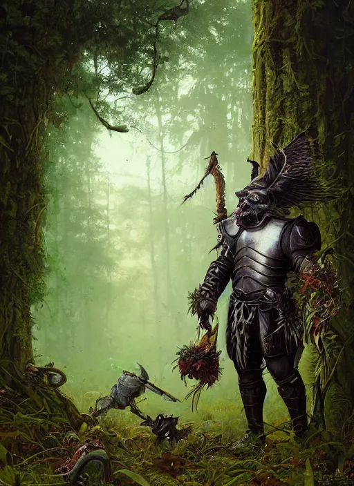 Image similar to a portrait painting of a grim male orc wearing plate armor on a beautiful lush forest meadow, morning, art by Tristan Eaton, Stanley Artgerm, Tom Bagshaw, Greg Rutkowski, Carne Griffiths