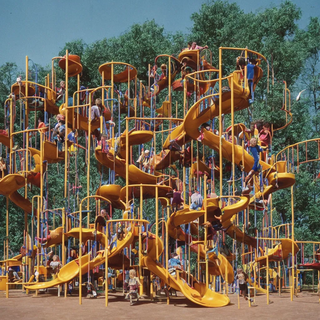 Image similar to full - color 1 9 7 0 s photo of a vast incredibly - large complex very - dense tall many - level playground in a crowded schoolyard. the playground is made of wooden planks, rubber tires, metal bars, and ropes. it has many spiral staircases, high bridges, ramps, balance beams, and metal tunnel - slides.