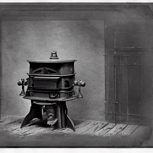 Prompt: a photograph from 1890 of mechwarrior made out of a cast iron potbelly stove