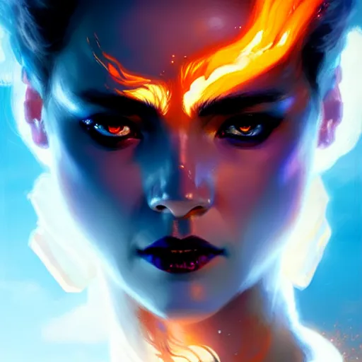 Prompt: a beautiful portrait of a fire and ice goddess with slightly closed eyes by Greg Rutkowski and Raymond Swanland, Trending on Artstation, Flaming Background, ultra realistic digital art