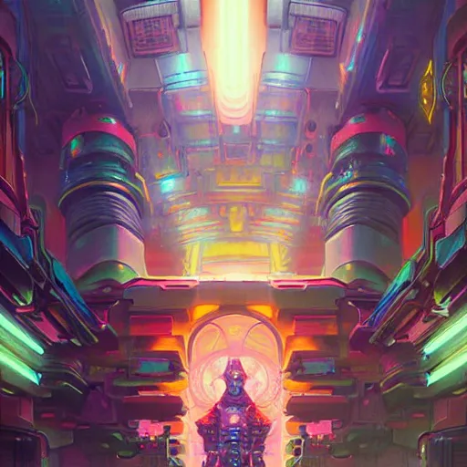 Image similar to street view of a cybernetic temple, vaporwave aesthetic, colorful, psychedelic, digital painting, artstation, concept art, smooth, sharp focus, illustration, art by artgerm and greg rutkowski and alphonse mucha