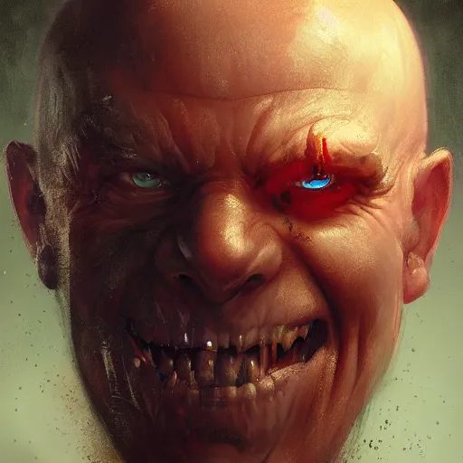 Image similar to portrait of a red bald man with black eyes and a black smile, horror, glowing eyes, by Stanley Artgerm Lau , greg rutkowski, thomas kindkade, alphonse mucha, loish, norman rockwell. Trending on artstation detailed illustration hd 4k