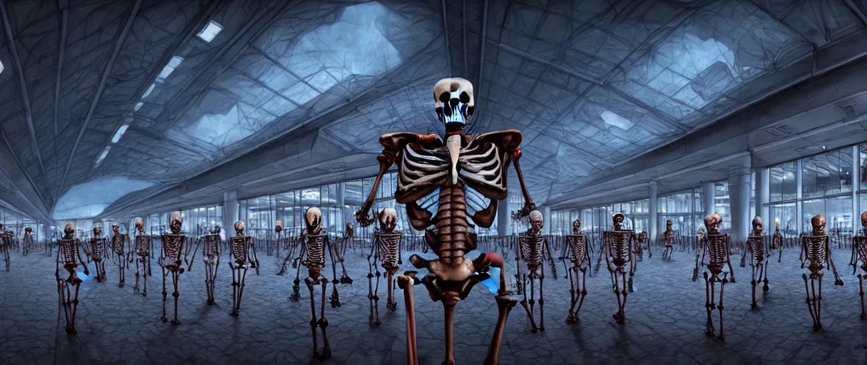 Image similar to hyperrealistic skeleton army mall in background ute osterwald jason limon concept art dramatic blue lighting wide angle hd 8k sharp shallow depth of field