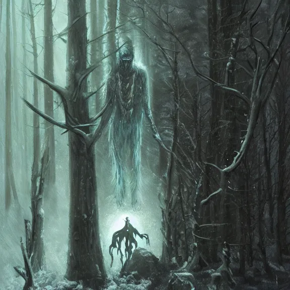 Prompt: cloaked humanoid wendigo feasting, nighttime located in a snowy dark forest, lurking horror, distant shot, dungeons and dragons, magic the gathering, forboding, high detail, oil painting, style of seb mckinnon